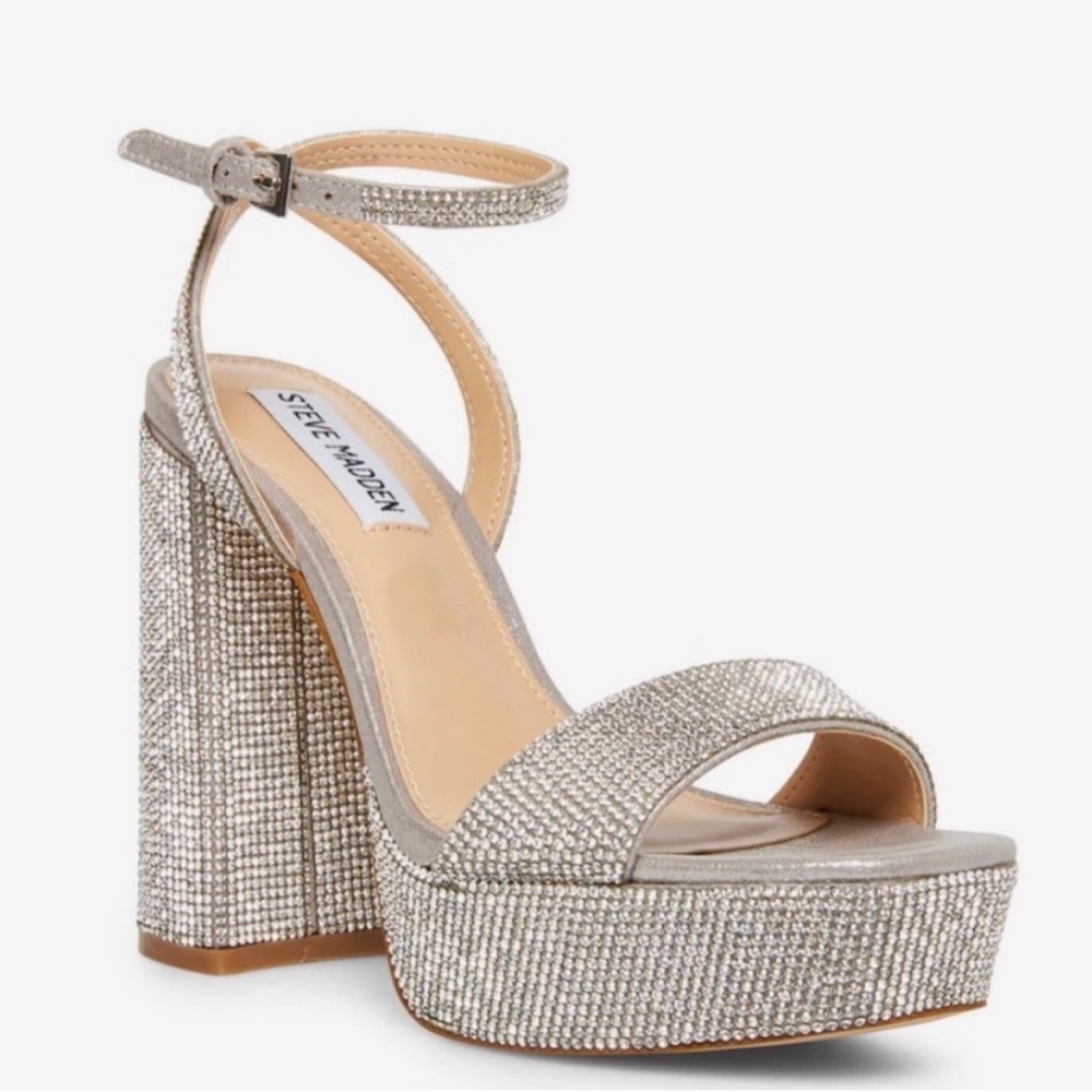 Steve Madden Glittering Silver Platform Sandals Rhinestone Heels Homecoming Heel